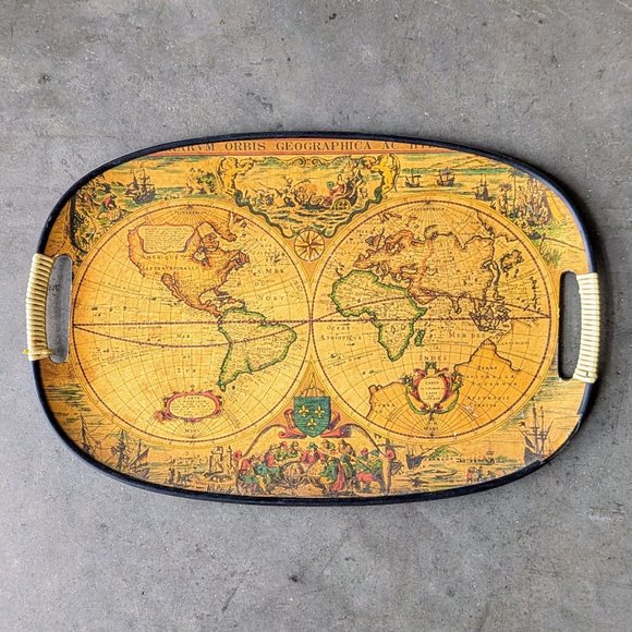 Vintage MCM Old World Map Globe Serving Tray Made in Japan - Picture 1 of 9